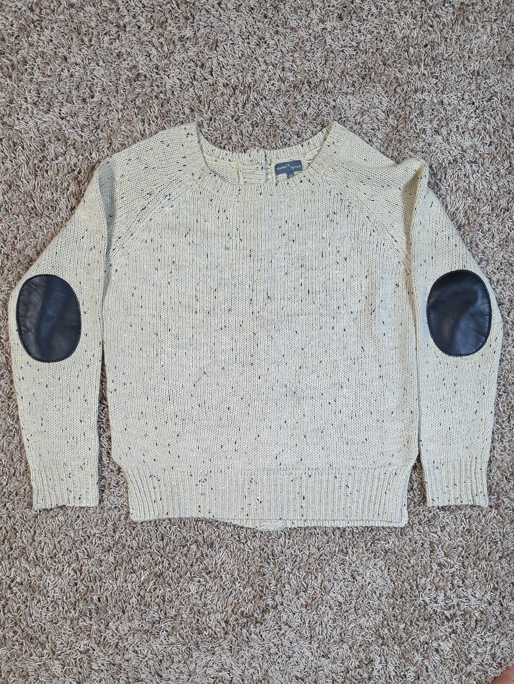 Market & Spruce Cream Speckled Crewneck Sweater with Black Elbow Patches